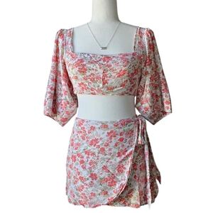 Pink Floral Wrap Skirt + Open Back Top 2 Piece Set | US 2